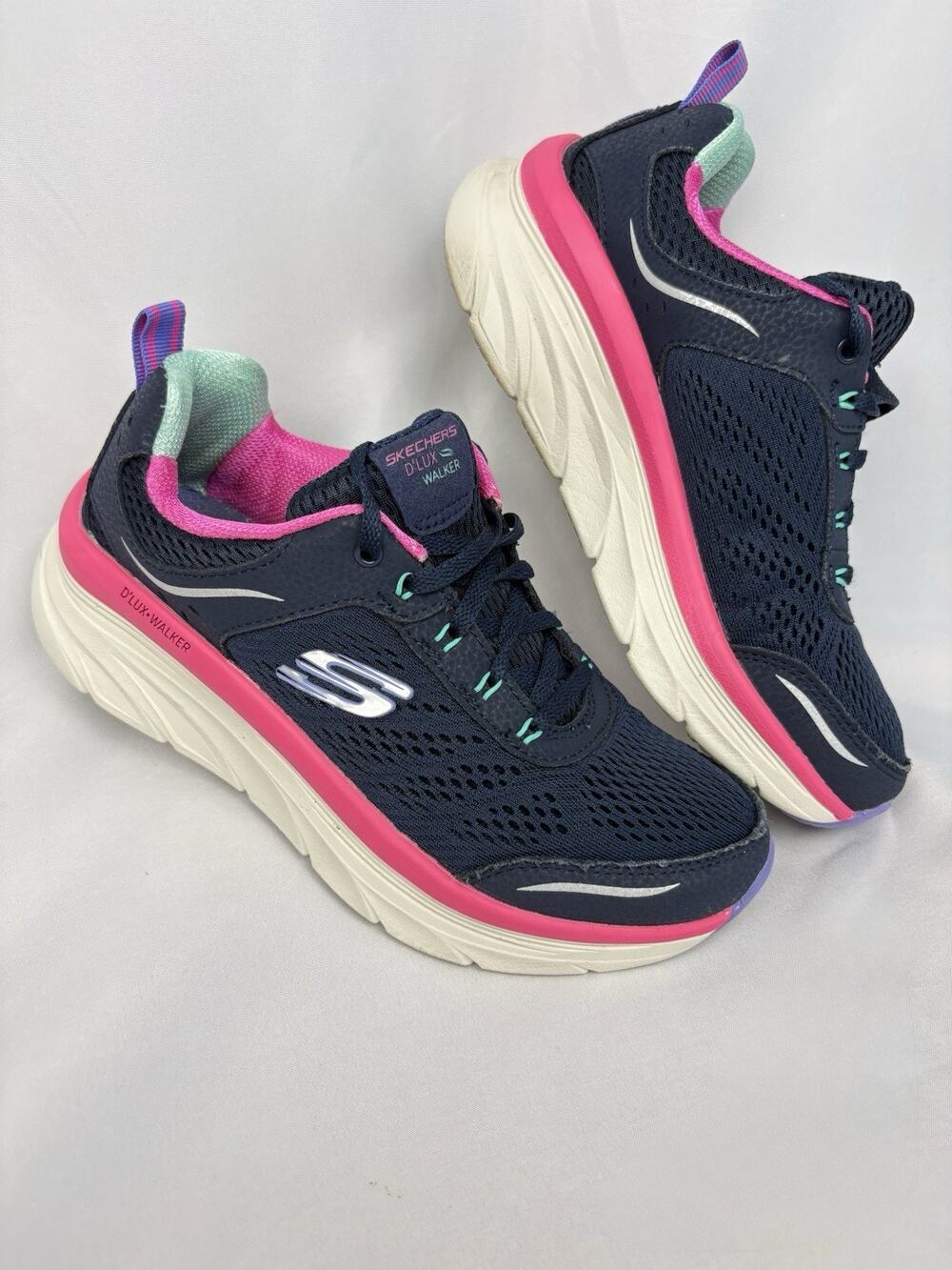 SKECHERS D'LUX WALKER Infinite Motion Mesh Shoes Navy Blue Pink Womens Size US 7